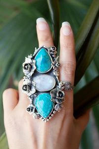 Desert Bloom Trinity: Turquoise & Moonstone Ring, AR-7810