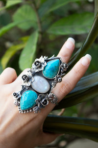 Desert Bloom Trinity: Turquoise & Moonstone Ring, AR-7810