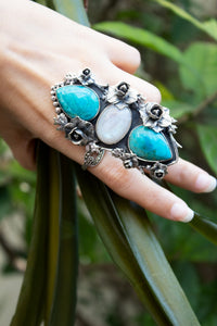 Desert Bloom Trinity: Turquoise & Moonstone Ring, AR-7810