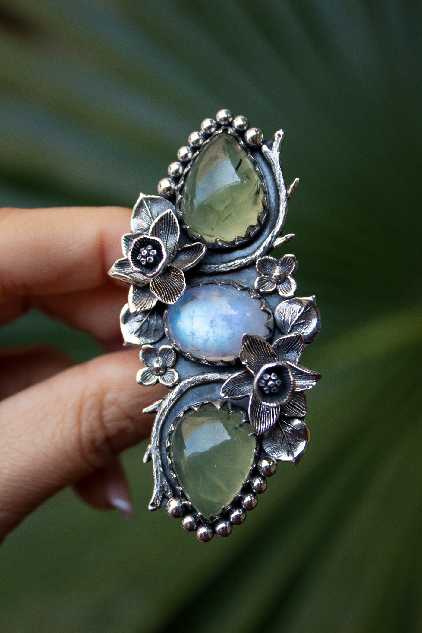 Botanical Harmony – Prehnite & Rainbow Moonstone Ring, AR-7364