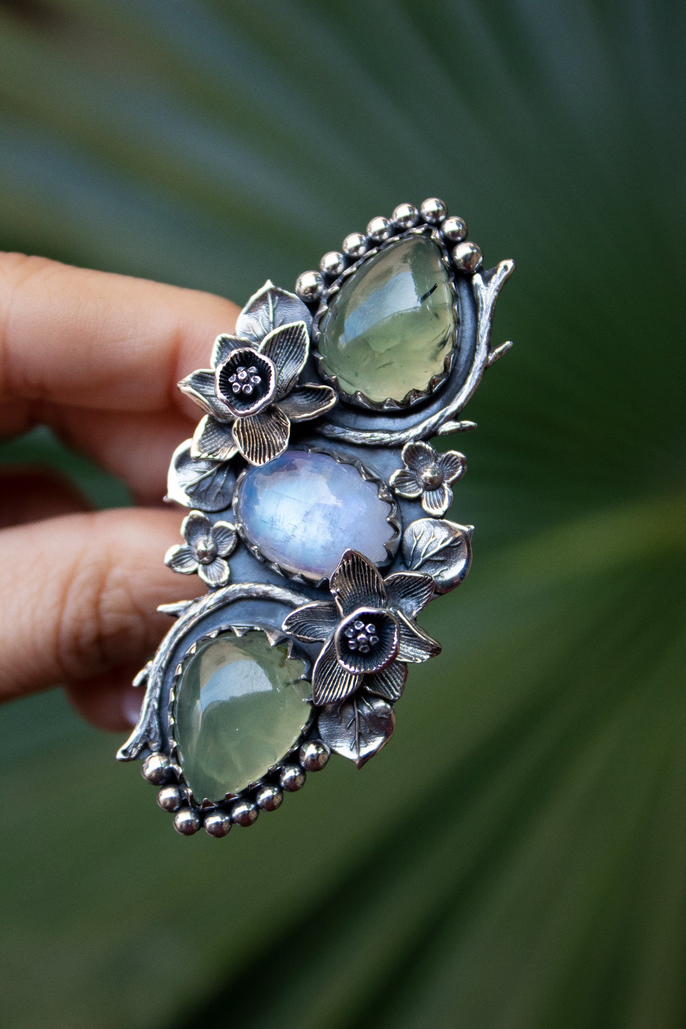 Botanical Harmony – Prehnite & Rainbow Moonstone Ring, AR-7364