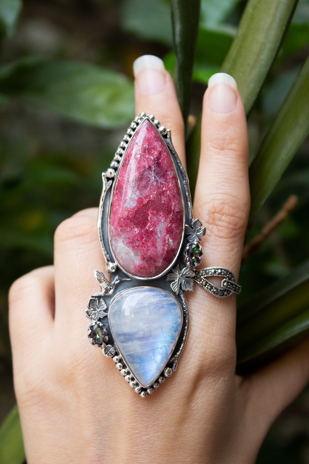 Thulite & Moonstone Ring with Humming Bird, AR-6654