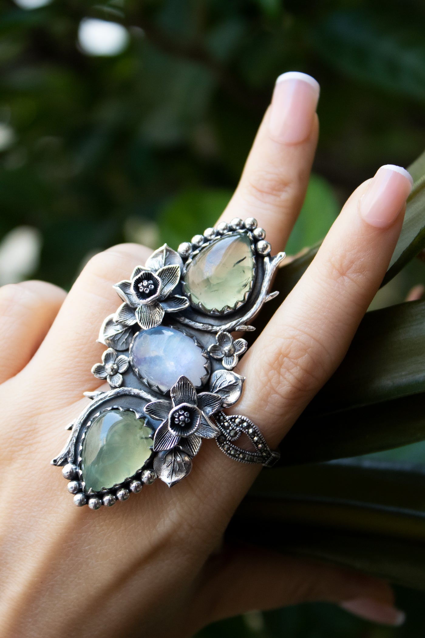 Botanical Harmony – Prehnite & Rainbow Moonstone Ring, AR-7364