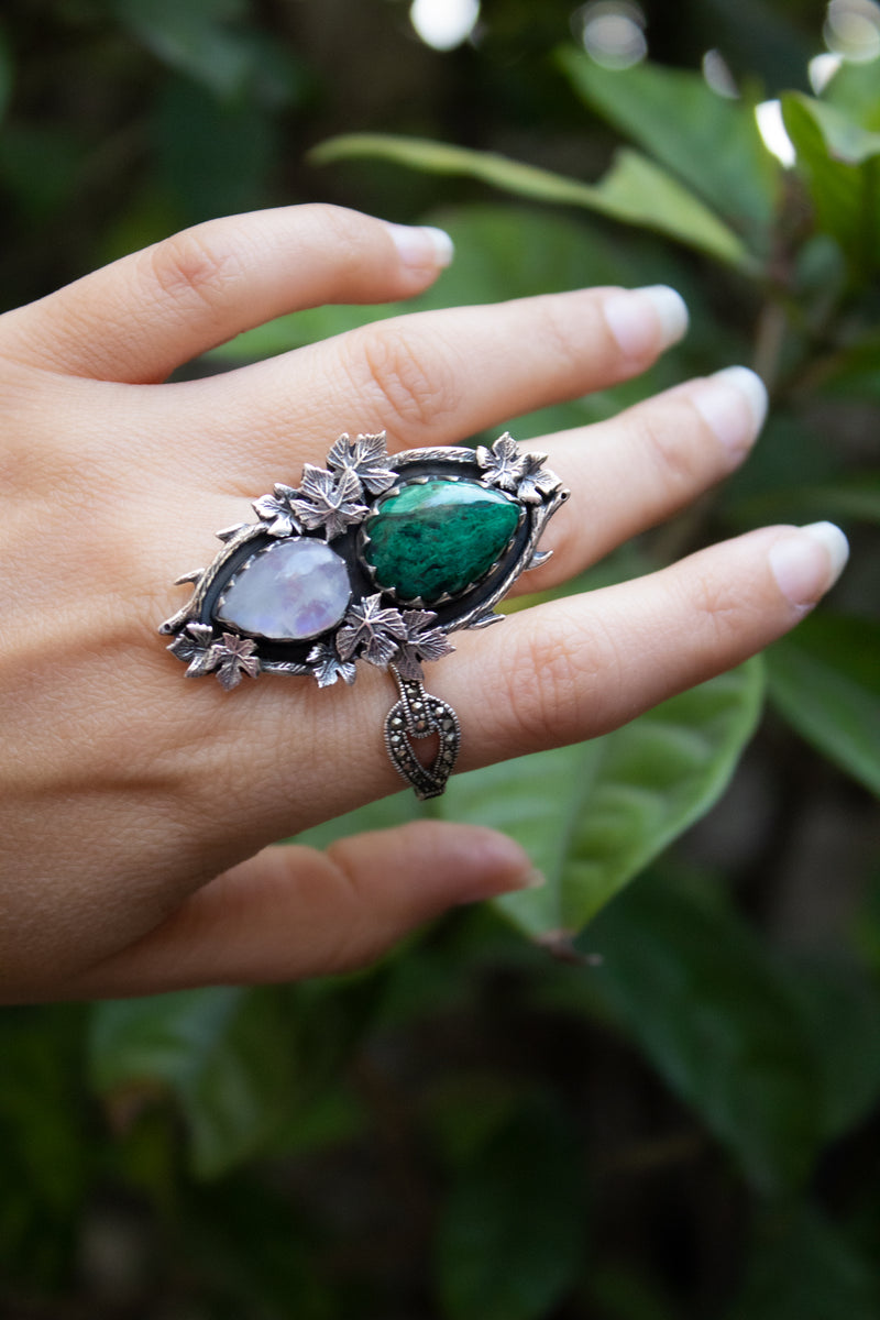 Verdant Veil- Azurite Malachite & Moonstone Ring, AR- 7817