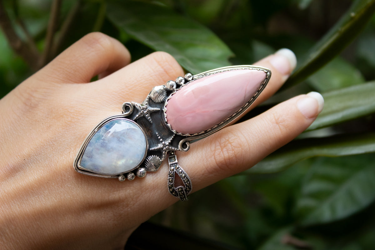 Anneau d'opale rose et de pierre de lune, anneau de poisson d'étoile, AR-6668