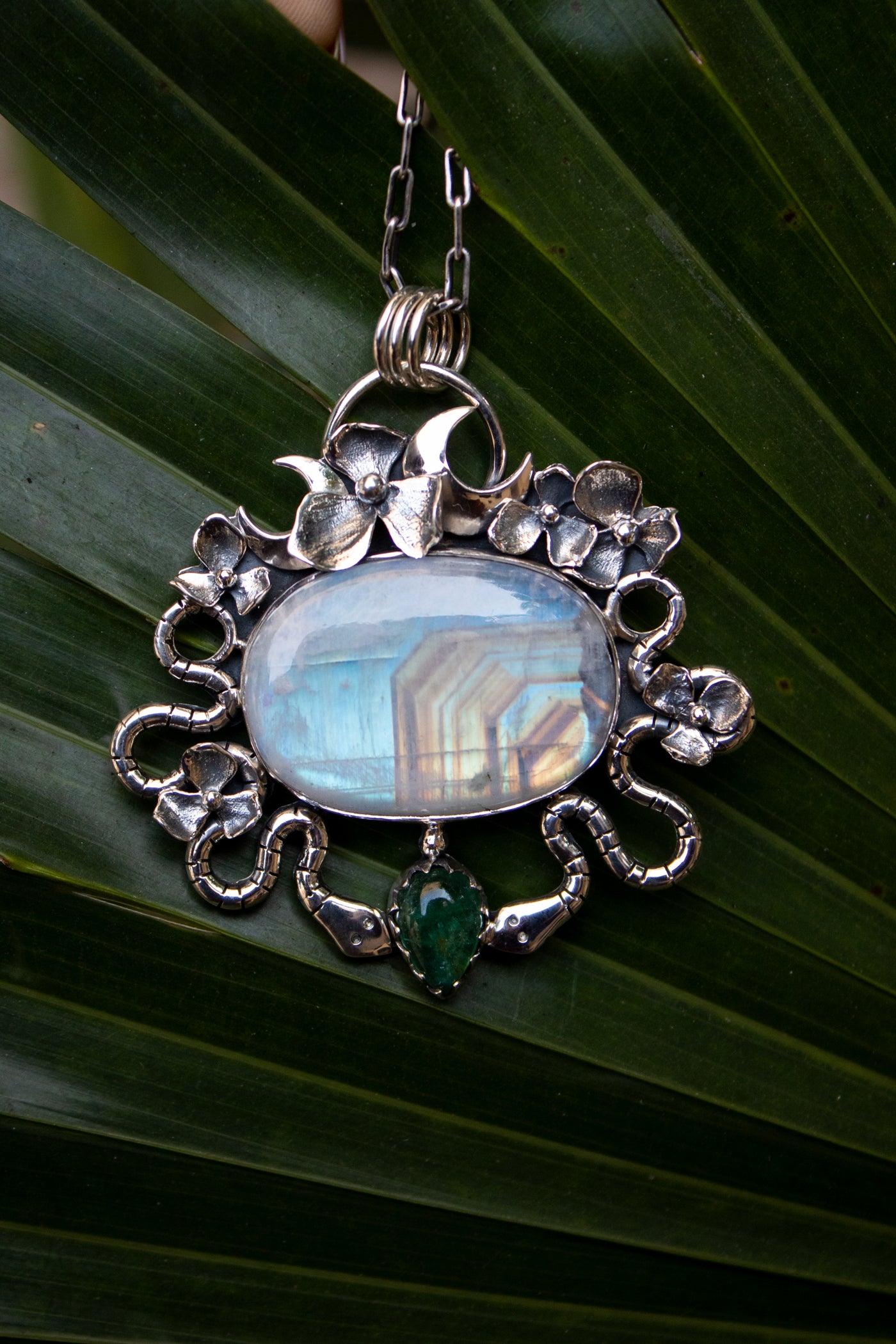 Serpent’s Moon – Moonstone & Green Tourmaline Pendant, AP-7362