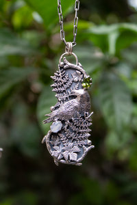 Forest Omen Crow Pendant- Green Tourmaline & Moonstone AP-7790