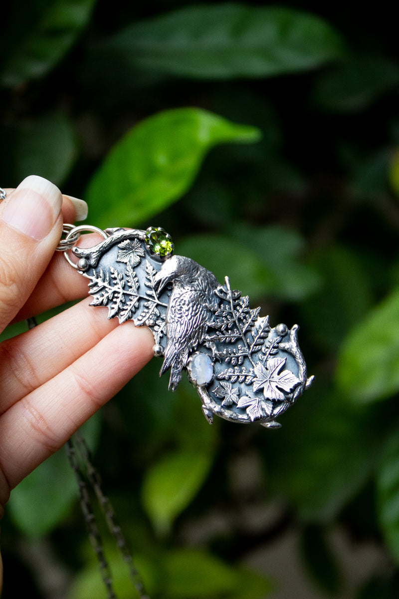 Forest Omen Crow Pendant- Green Tourmaline & Moonstone AP-7790