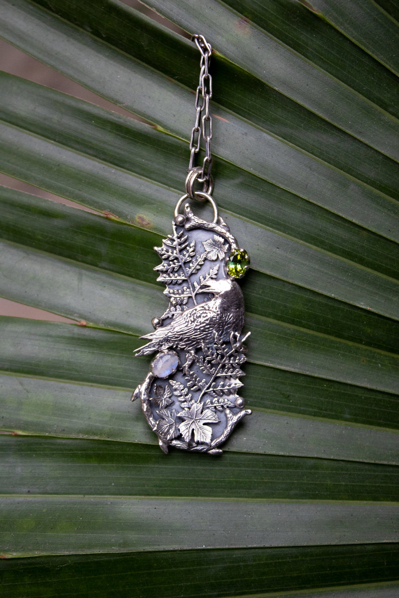 Forest Omen Crow Pendant- Green Tourmaline & Moonstone AP-7790