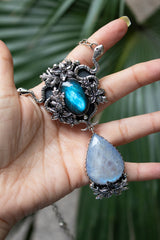 Serpents of the Luminous Grove: Labradorite Moonstone Necklace, AR-7800