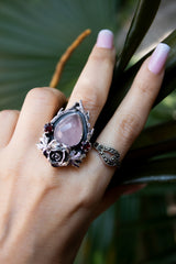 Rose Thorn: Rose Quartz & Garnet Floral Ring, AR-7391