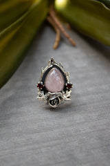 Rose Thorn: Rose Quartz & Garnet Floral Ring, AR-7391