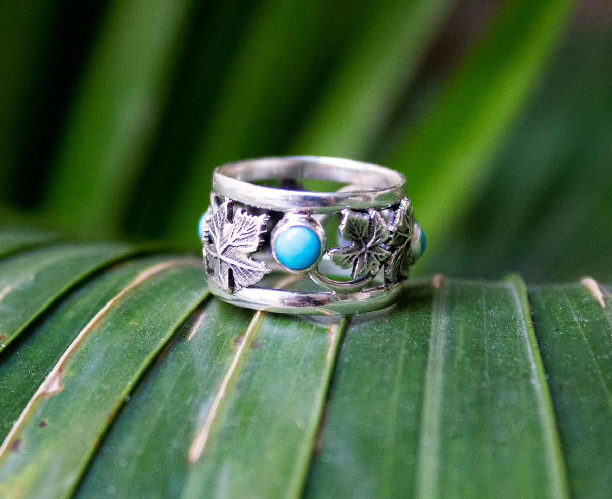 Turquoise Maple Leaf Band Ring, AR-6674