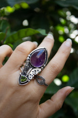 Whisper of the Twilight Moth – Amethyst & Green Tourmaline Ring, AR-7402