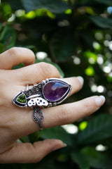 Whisper of the Twilight Moth – Amethyst & Green Tourmaline Ring, AR-7402