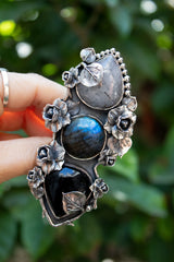 Mystic Bloom – Black Rutile, Labradorite &amp; Black Onyx Ring, AR-7394
