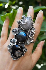 Mystic Bloom – Black Rutile, Labradorite &amp; Black Onyx Ring, AR-7394