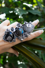 Mystic Bloom – Black Rutile, Labradorite &amp; Black Onyx Ring, AR-7394