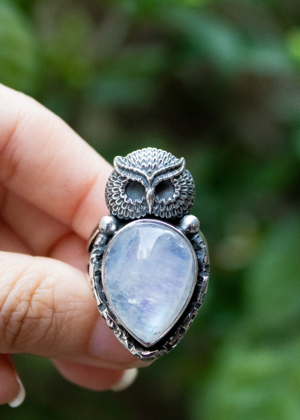 Moonstone Ring with Owl Sterling Silver Ring, AR-6677