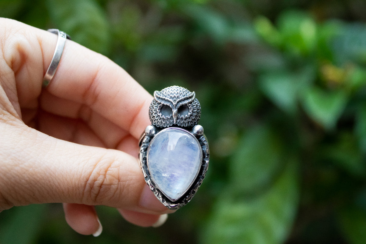 Moonstone Ring with Owl Sterling Silver Ring, AR-6677