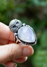 Moonstone Ring with Owl Sterling Silver Ring, AR-6677