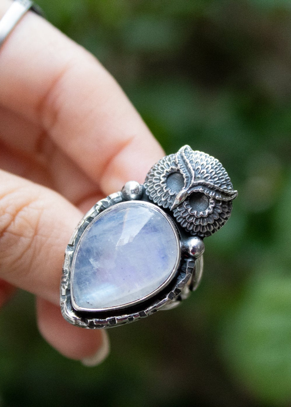 Moonstone Ring with Owl Sterling Silver Ring, AR-6677