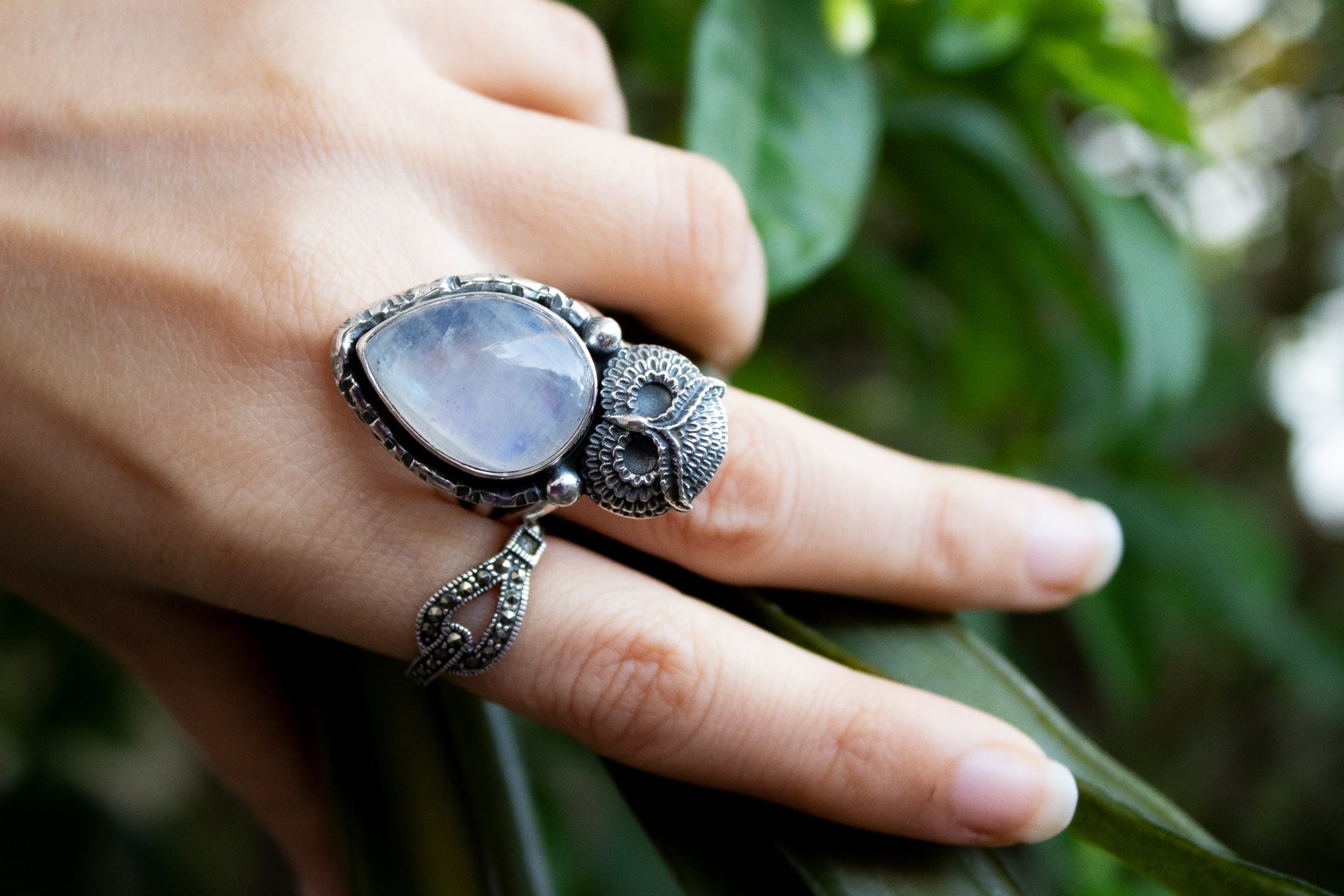 Moonstone Ring with Owl Sterling Silver Ring, AR-6677 – Its Ambra