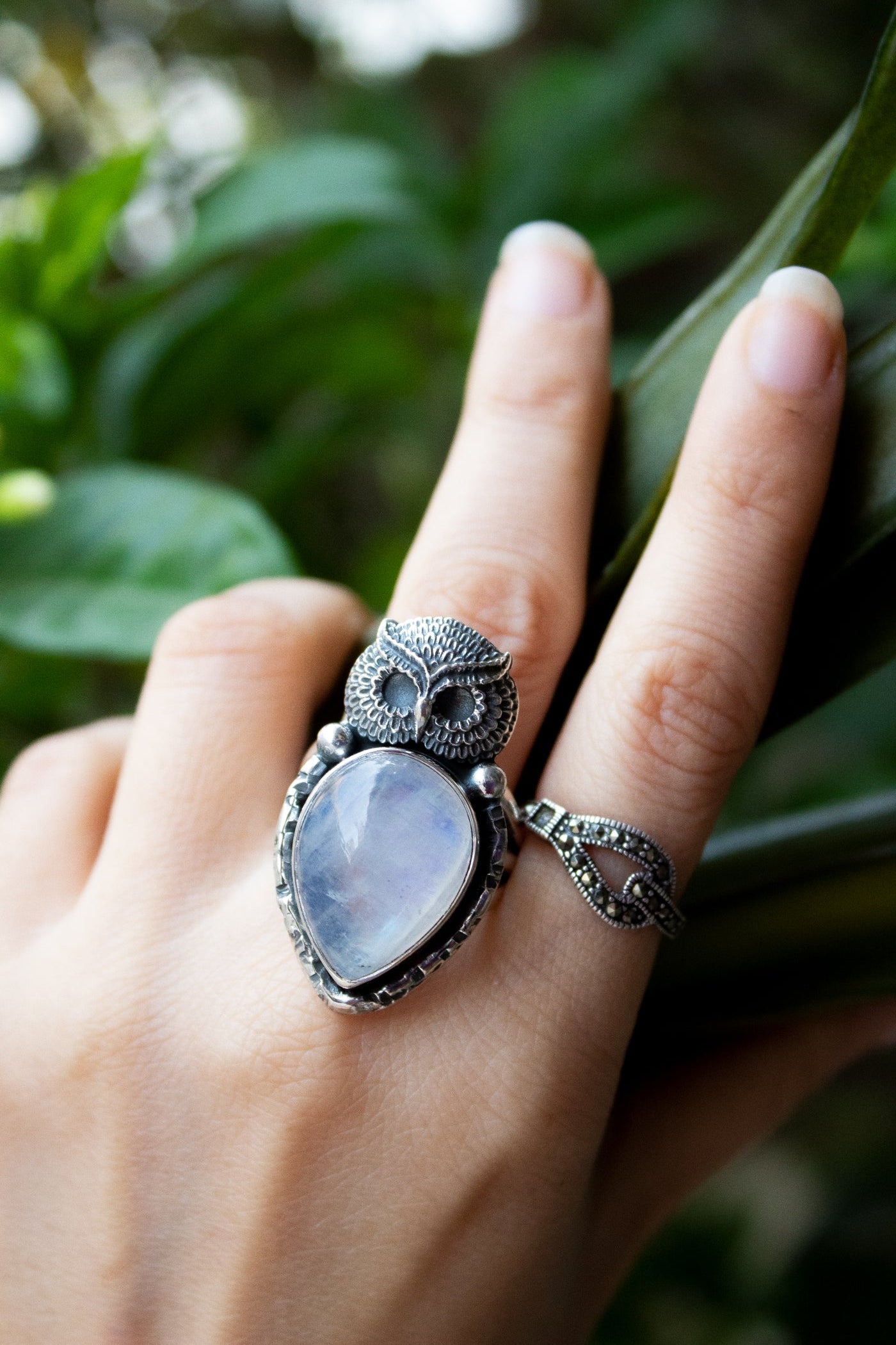 Bague en pierre de lune avec bague en argent sterling hibou, AR-6677