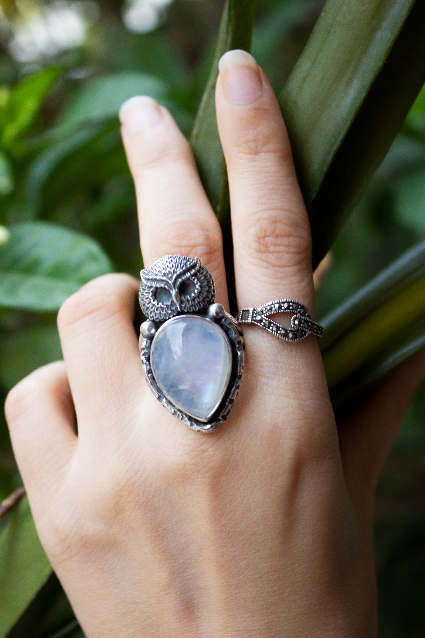 Moonstone Ring with Owl Sterling Silver Ring, AR-6677 – Its Ambra