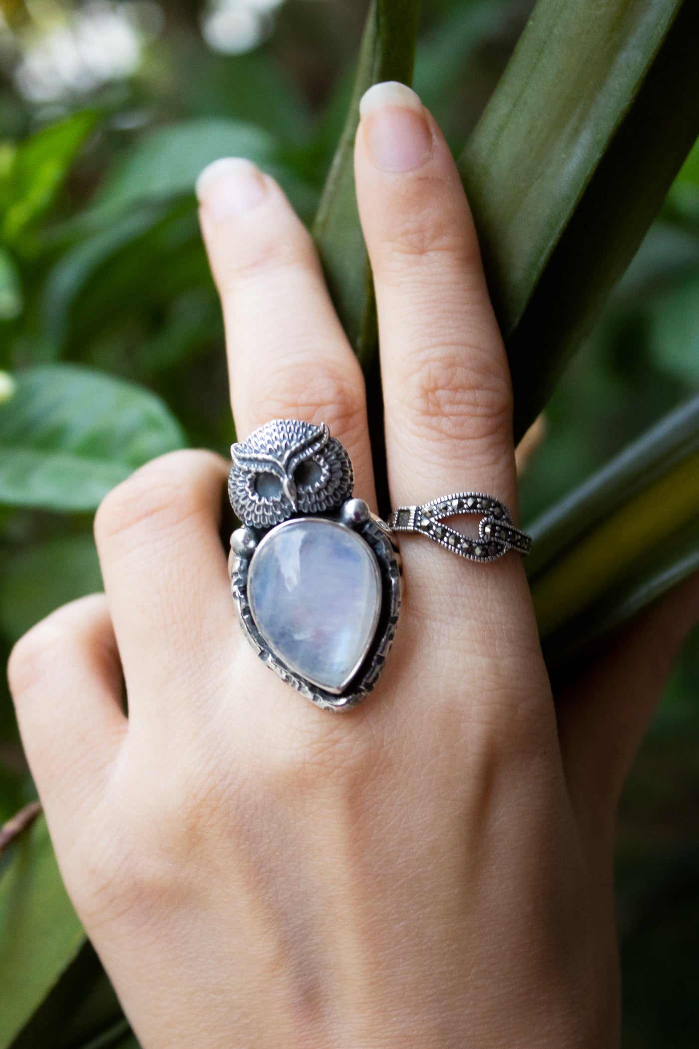 Moonstone Ring with Owl Sterling Silver Ring, AR-6677