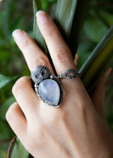 Moonstone Ring with Owl Sterling Silver Ring, AR-6677