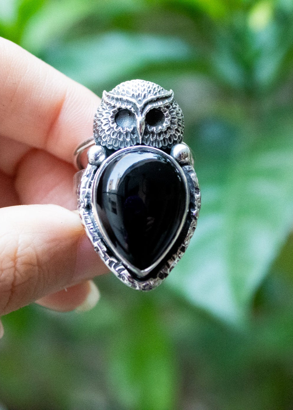 Vintage Silver OWL RING 925×ONYX-