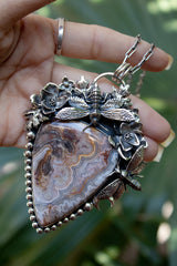 Garden of Whispers — Crazy Lace Agate & Bees Sterling Silver Pendant, AR- 7463