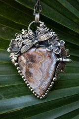 Garden of Whispers — Crazy Lace Agate & Bees Sterling Silver Pendant, AR- 7463