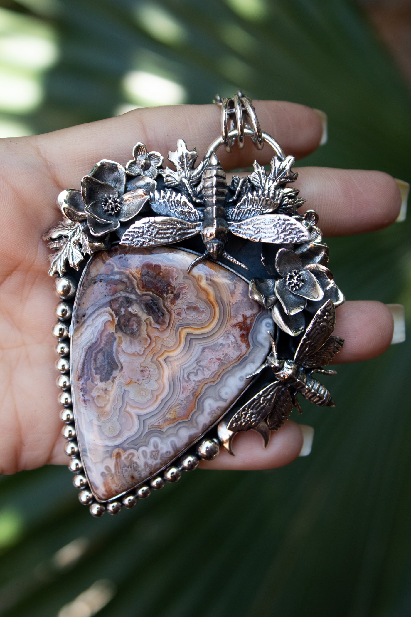 Garden of Whispers — Crazy Lace Agate & Bees Sterling Silver Pendant, AR- 7463
