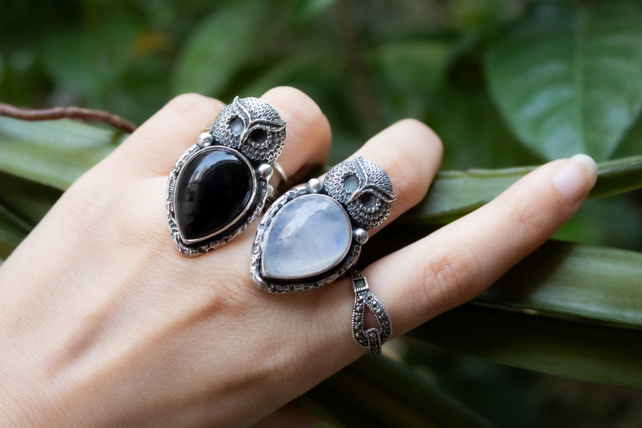 Moonstone Ring with Owl Sterling Silver Ring, AR-6677 – Its Ambra