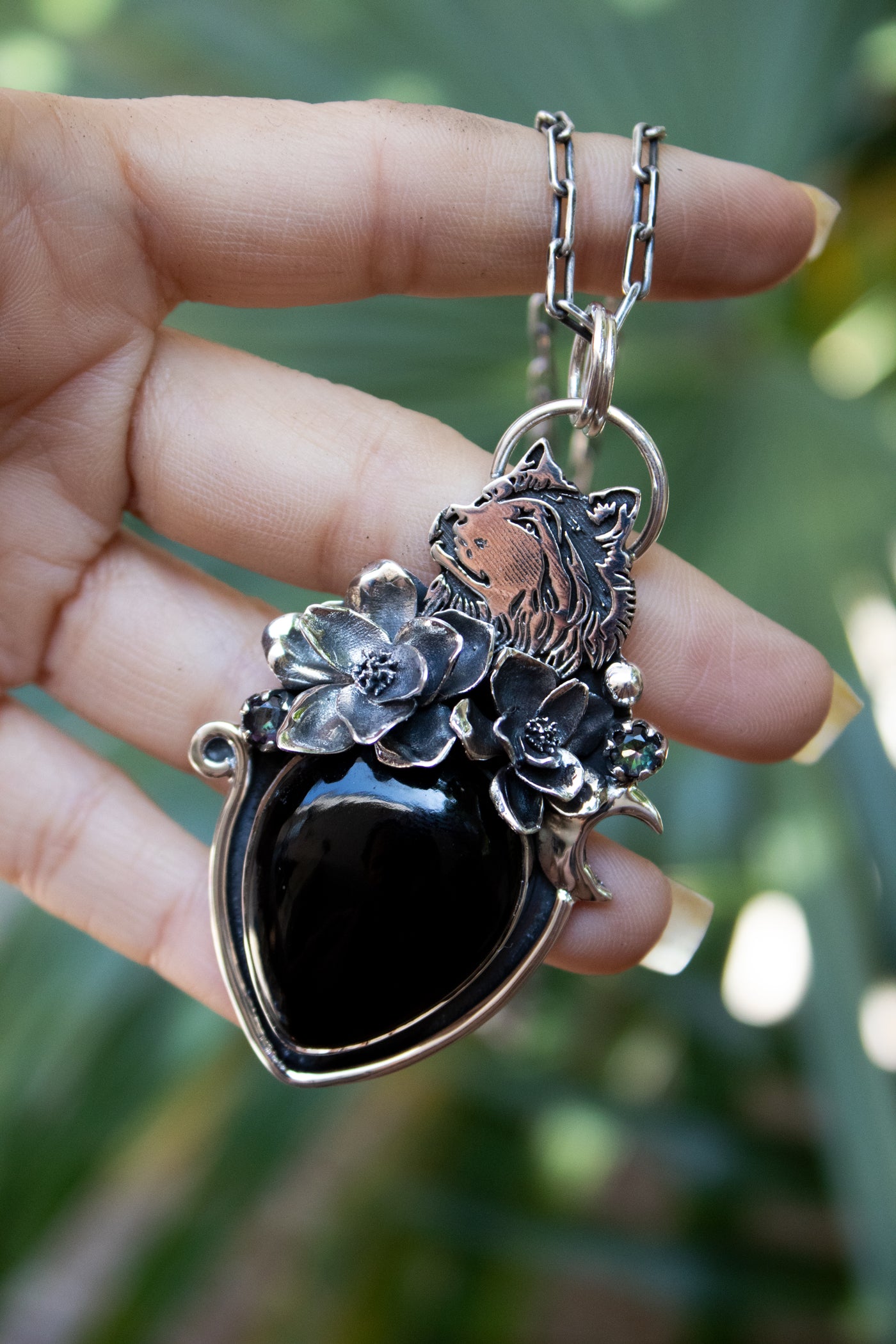 Midnight Sentinel — Wolf & Onyx Sterling Silver Pendant, AR-7461