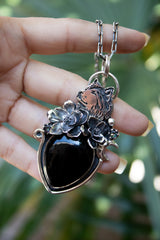 Midnight Sentinel — Wolf & Onyx Sterling Silver Pendant, AR-7461