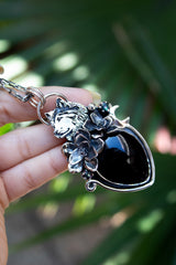 Midnight Sentinel — Wolf & Onyx Sterling Silver Pendant, AR-7461