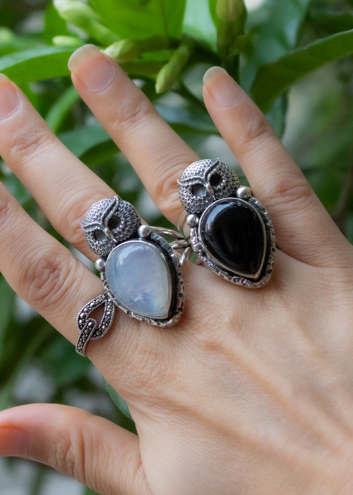 Moonstone Ring with Owl Sterling Silver Ring, AR-6677