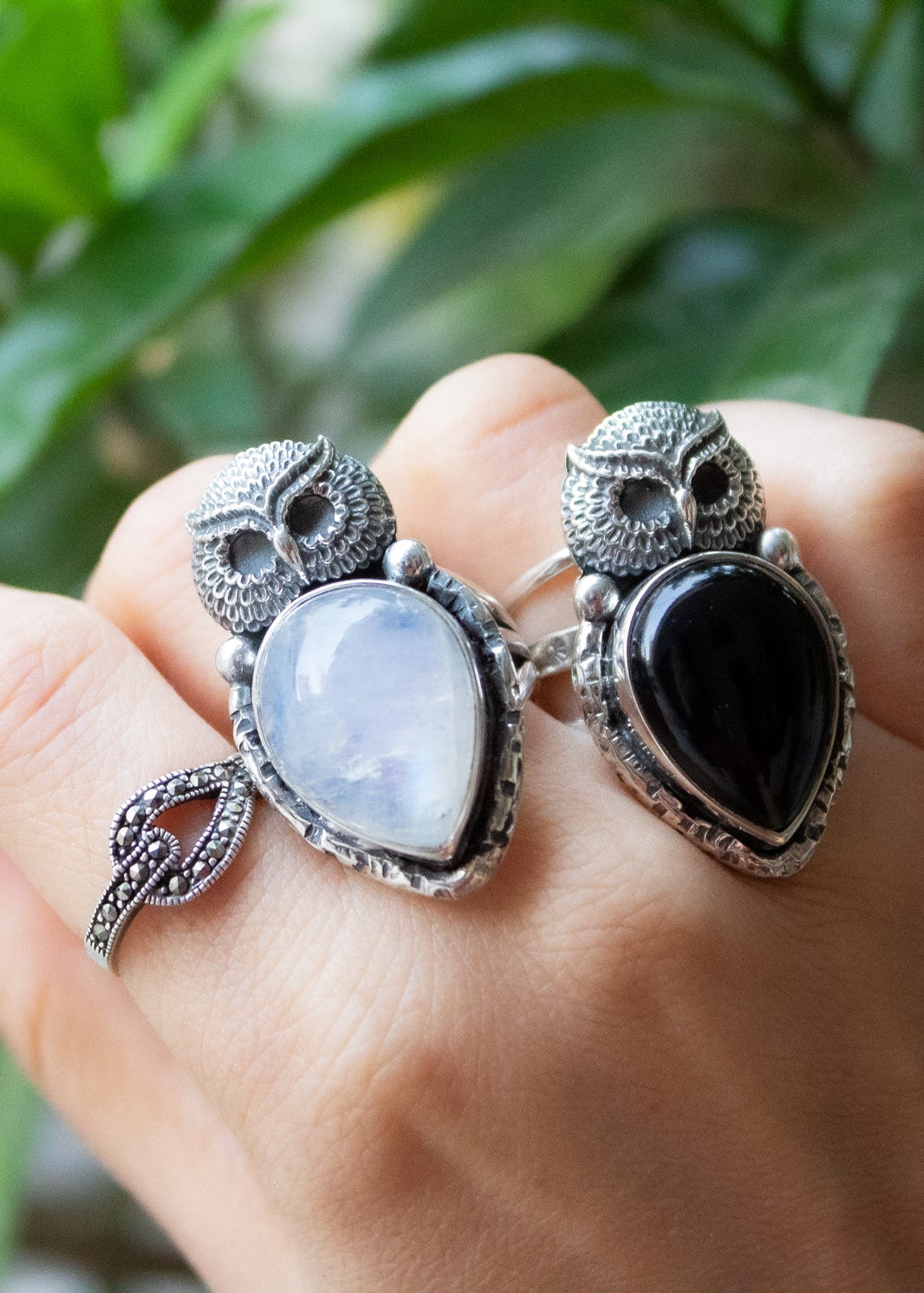 Moonstone Ring with Owl Sterling Silver Ring, AR-6677