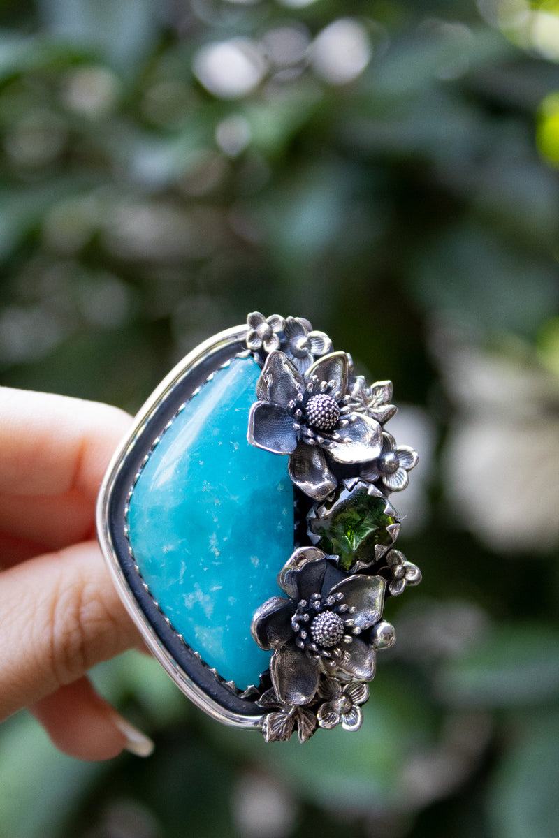 Blossom of Serenity: Smithsonite & Green Tourmaline Ring, AR-7428