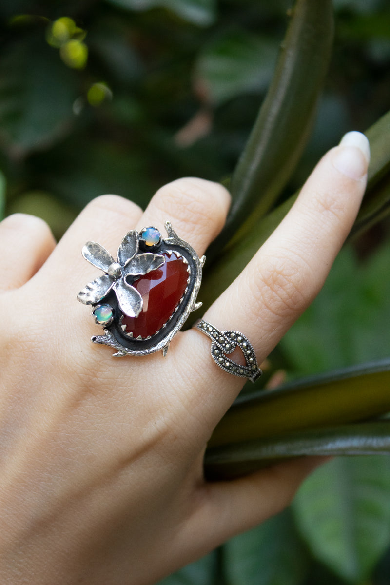 Fiery Blossom: Carnelian & Ethiopian Opal Ring, AR-7432