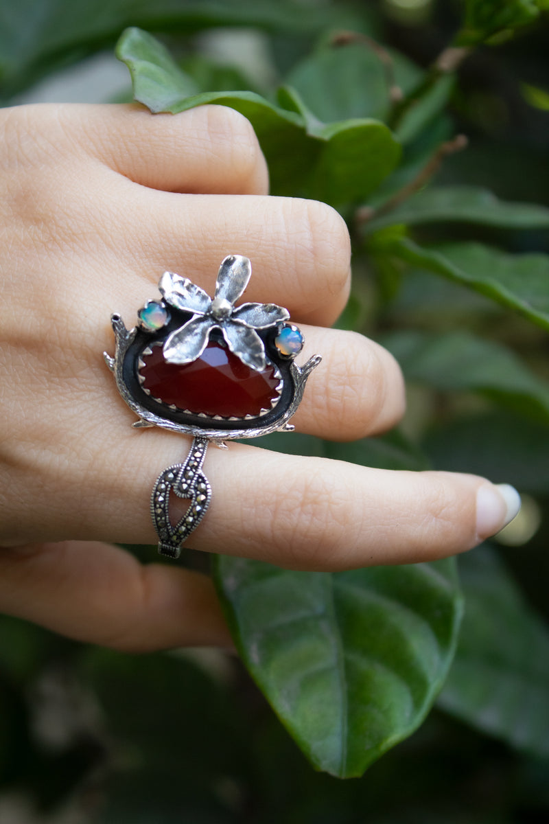 Fiery Blossom: Carnelian & Ethiopian Opal Ring, AR-7432