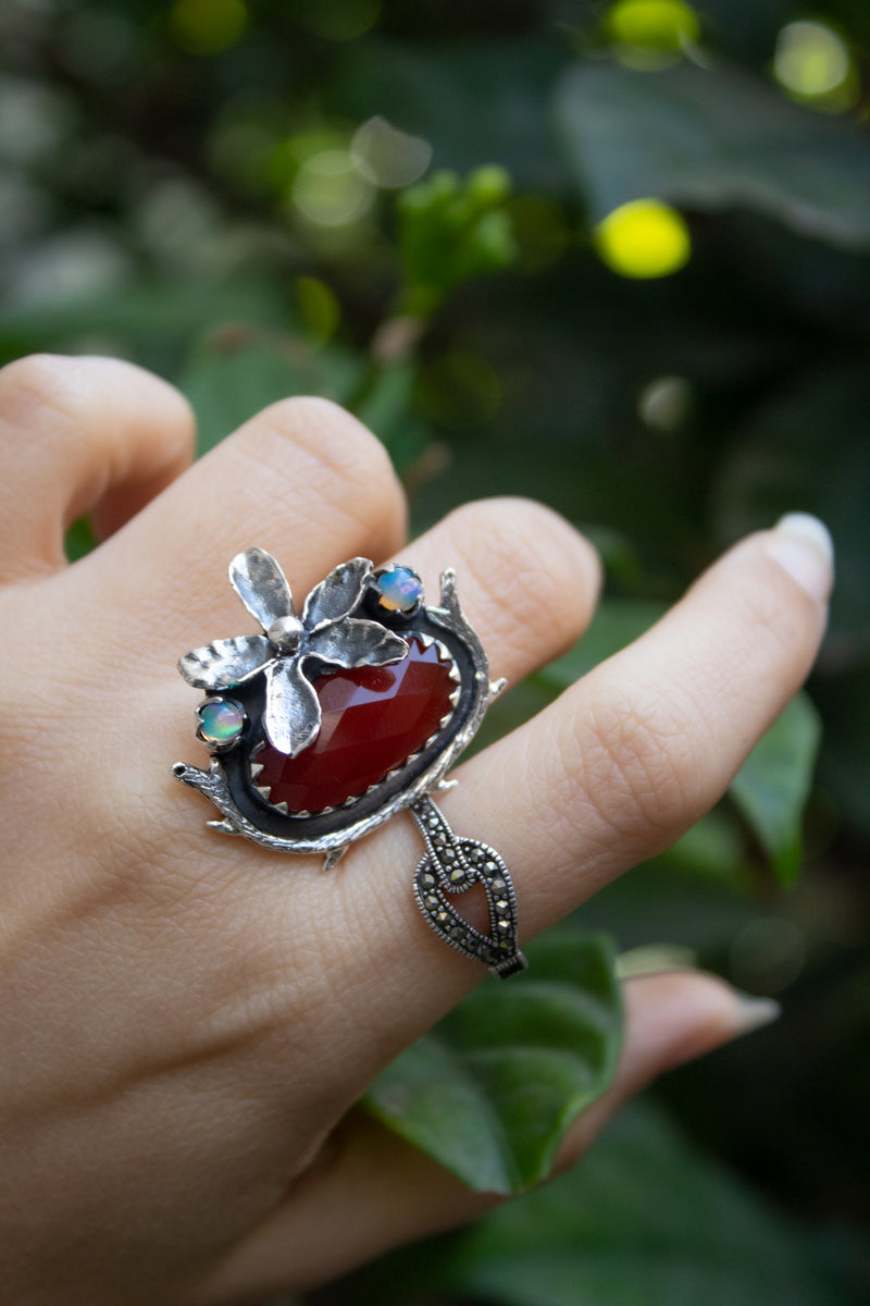 Fiery Blossom: Carnelian & Ethiopian Opal Ring, AR-7432