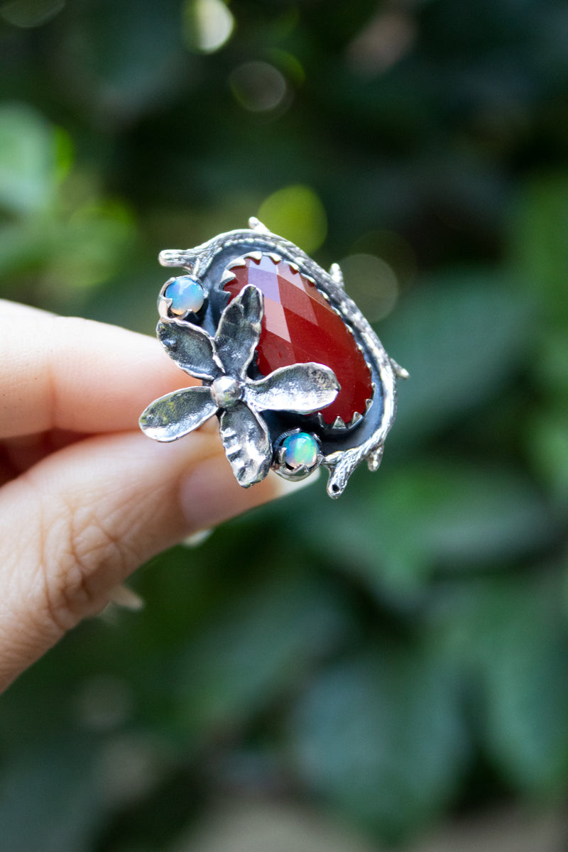 Fiery Blossom: Carnelian & Ethiopian Opal Ring, AR-7432