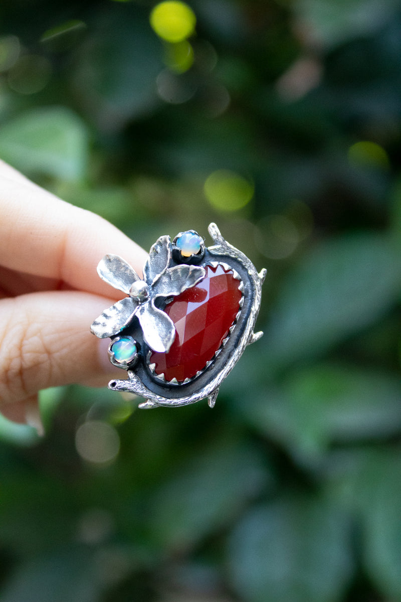 Fiery Blossom: Carnelian & Ethiopian Opal Ring, AR-7432