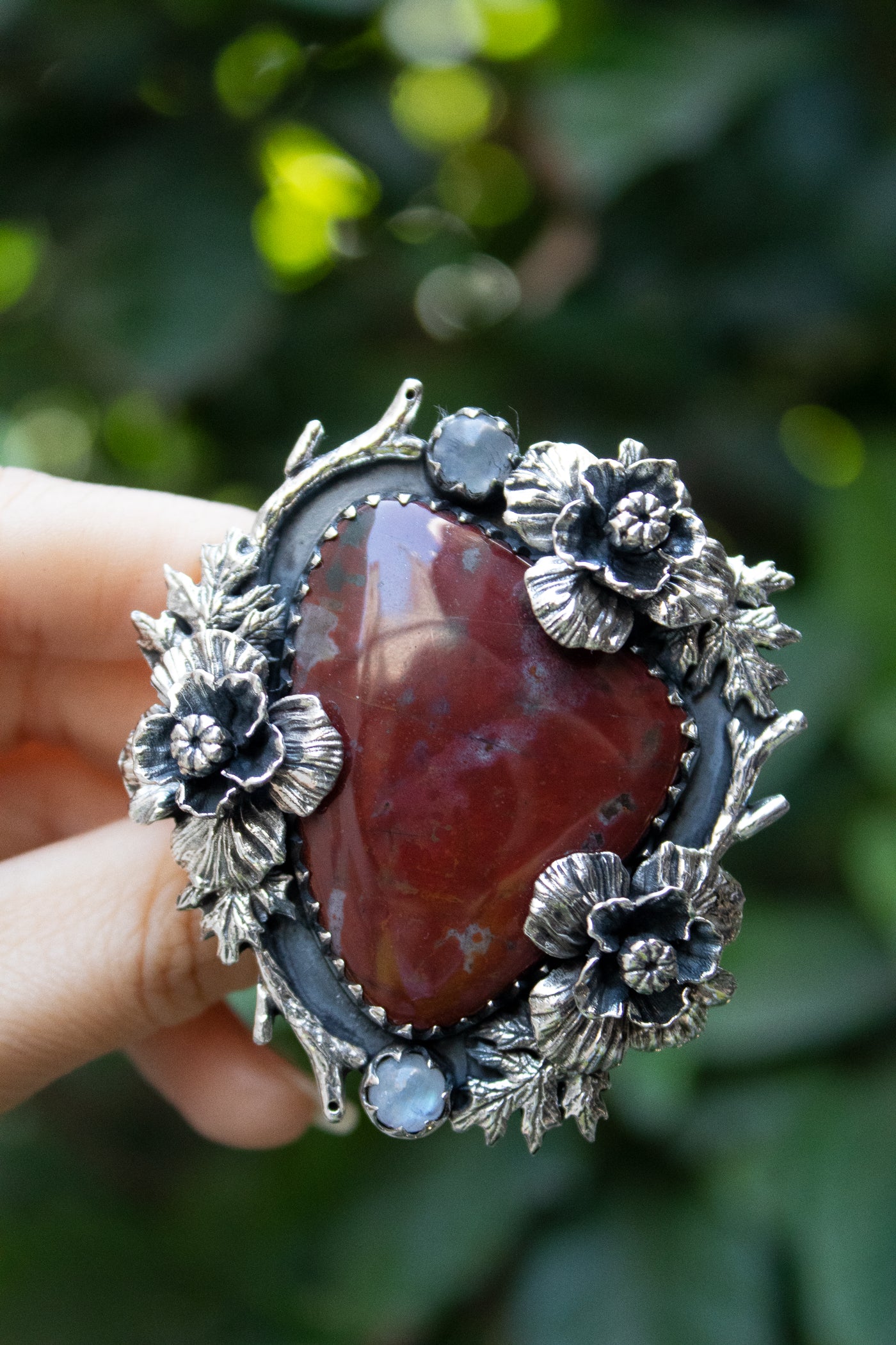 Earthbound Ember — Red Jasper & Moonstone Floral Ring, AR- 7462