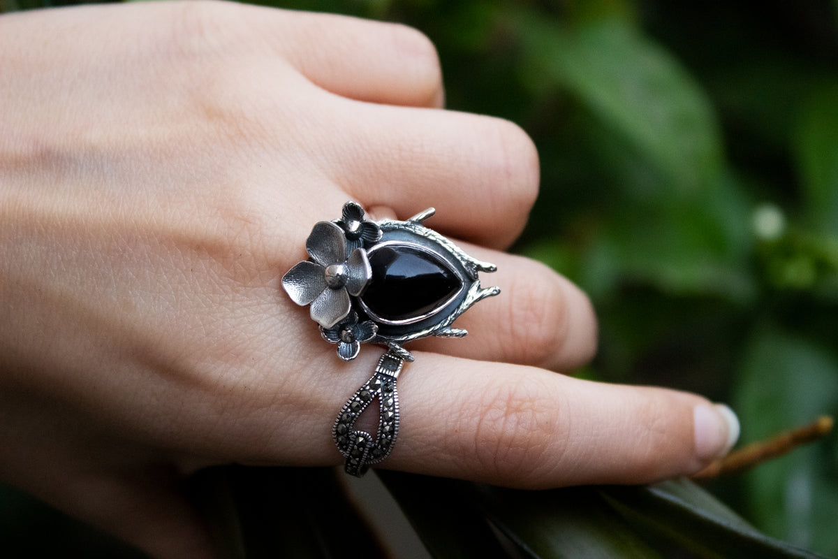 Black Onyx Floral Ring, AR-7012