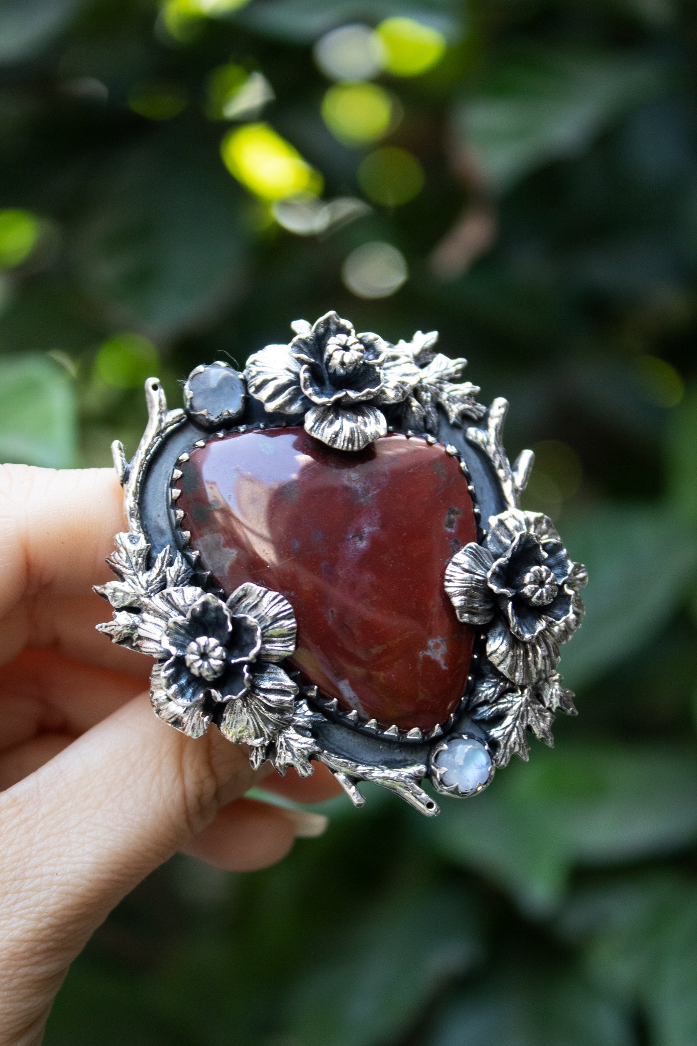 Earthbound Ember — Red Jasper & Moonstone Floral Ring, AR- 7462